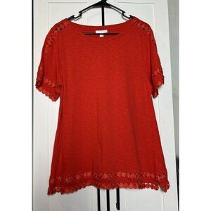Charter Club Womans Red Knit Short Sleeve Knit Top Lace Trim‎ Large